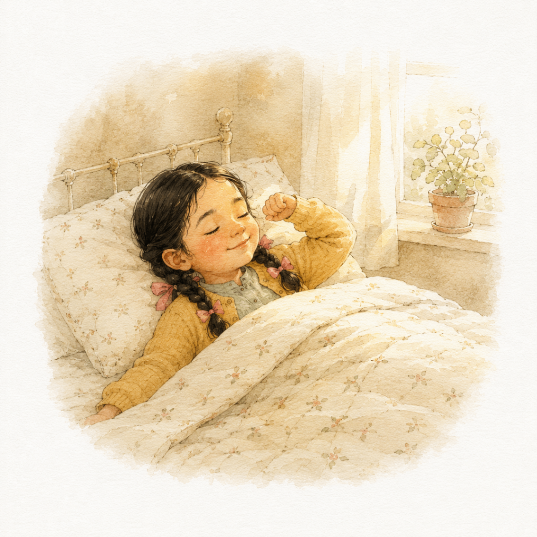 a small child asleep in a bed under a cream floral quilt