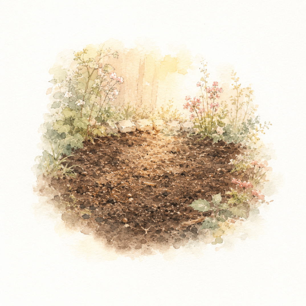 a soft patch of bare earth in a garden, framed by flowers and warm morning light