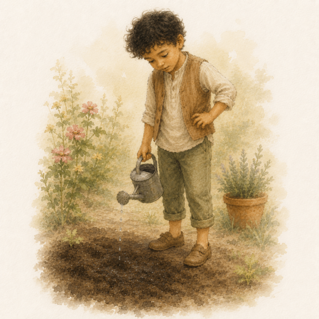 the boy watering the fresh patch of soil with a small metal watering can