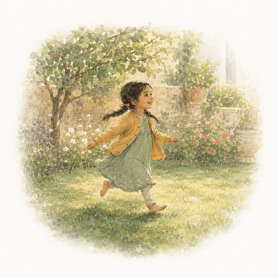 the same child running barefoot through a sunlit garden