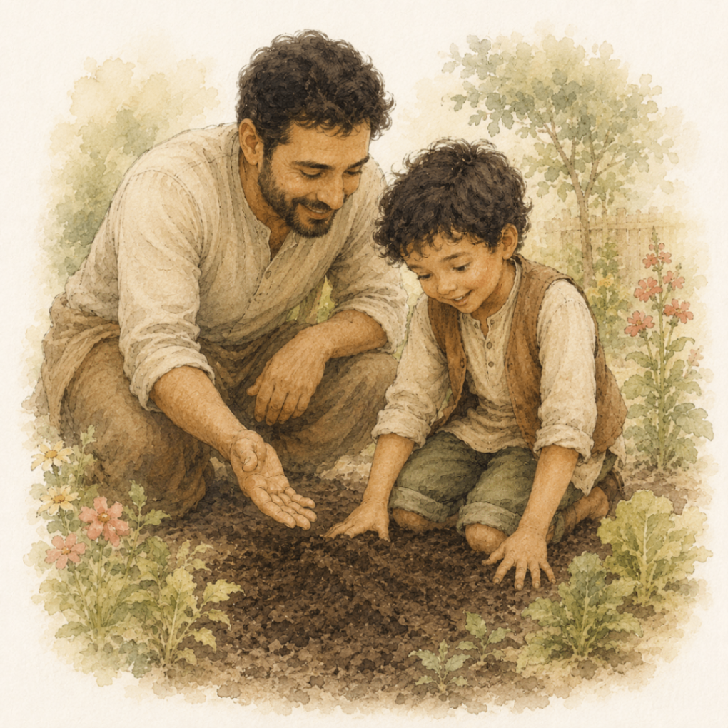 a father and the boy kneeling together in the soil, pressing the seed in
