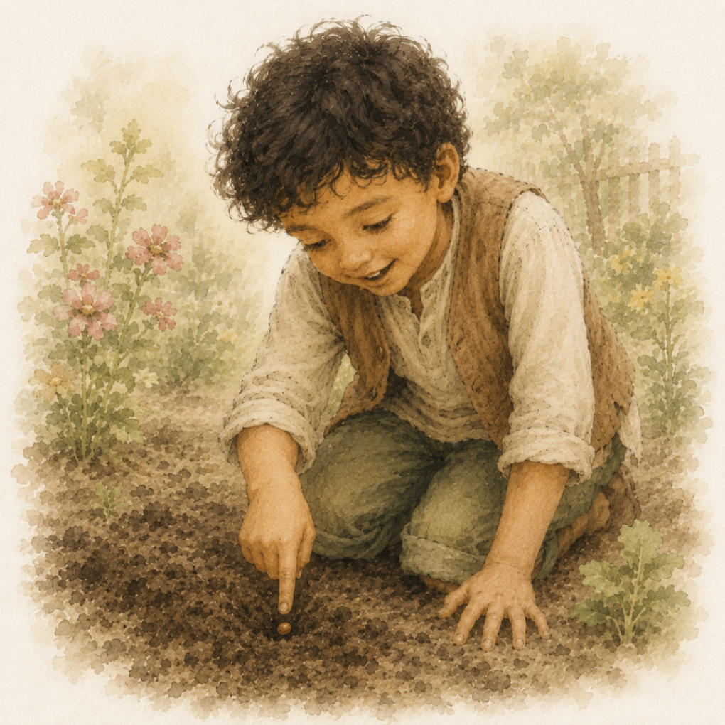 the boy gently pushing the seed into the dark earth with one finger