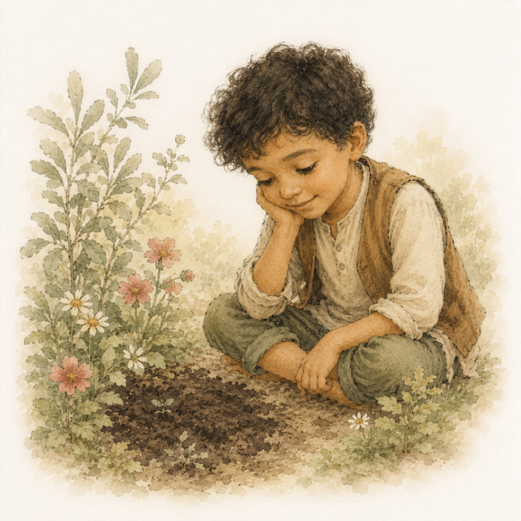 the boy sitting quietly by the empty patch of soil, chin resting on his hand, waiting