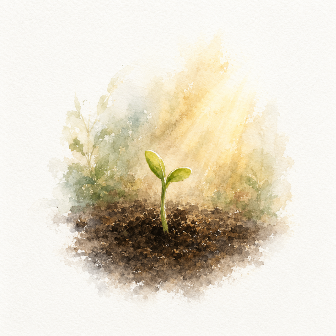 a tiny green shoot standing in the soil, lit by a shaft of golden sunlight