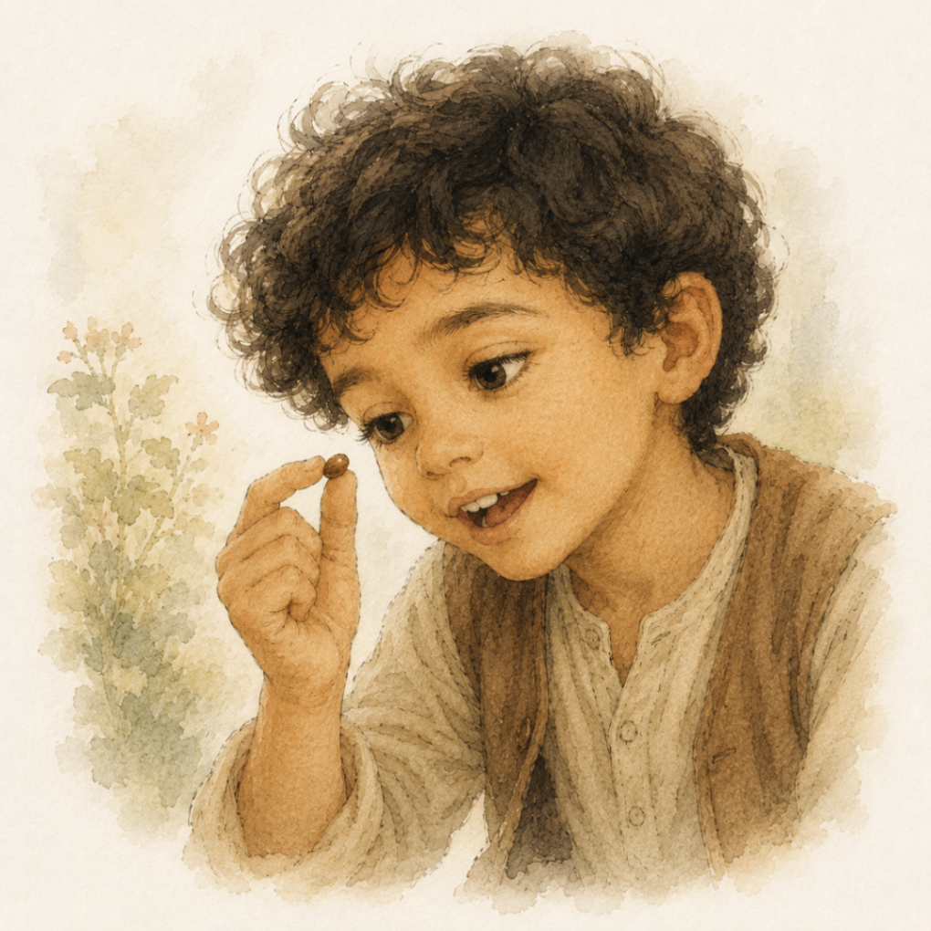 the boy holding the seed up between his fingers, smiling