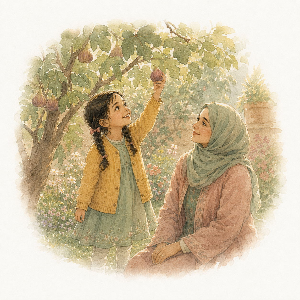 the child reaching up to pick a ripe fig from a tree while a parent watches