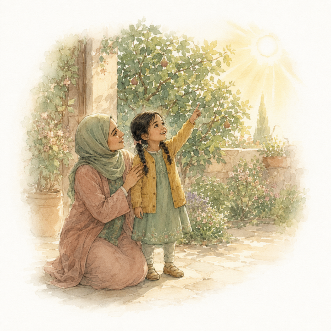 Every Good Thing, a parent and child in a sunlit garden looking up at the sun
