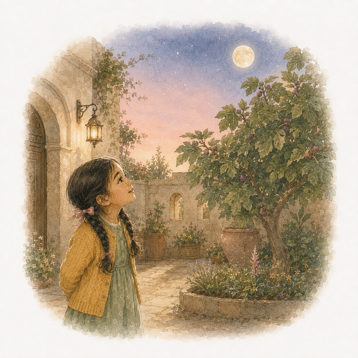 the child standing in a moonlit courtyard, looking up at a full moon