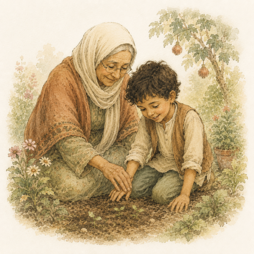 a grandmother and the boy tending the soil together in the garden