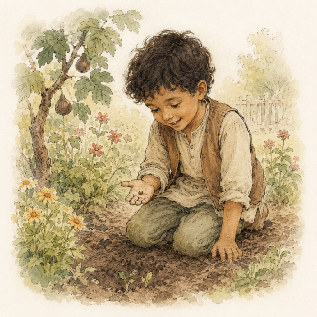 Who Makes It Grow?, a small boy in a garden holding a single seed in his open palm