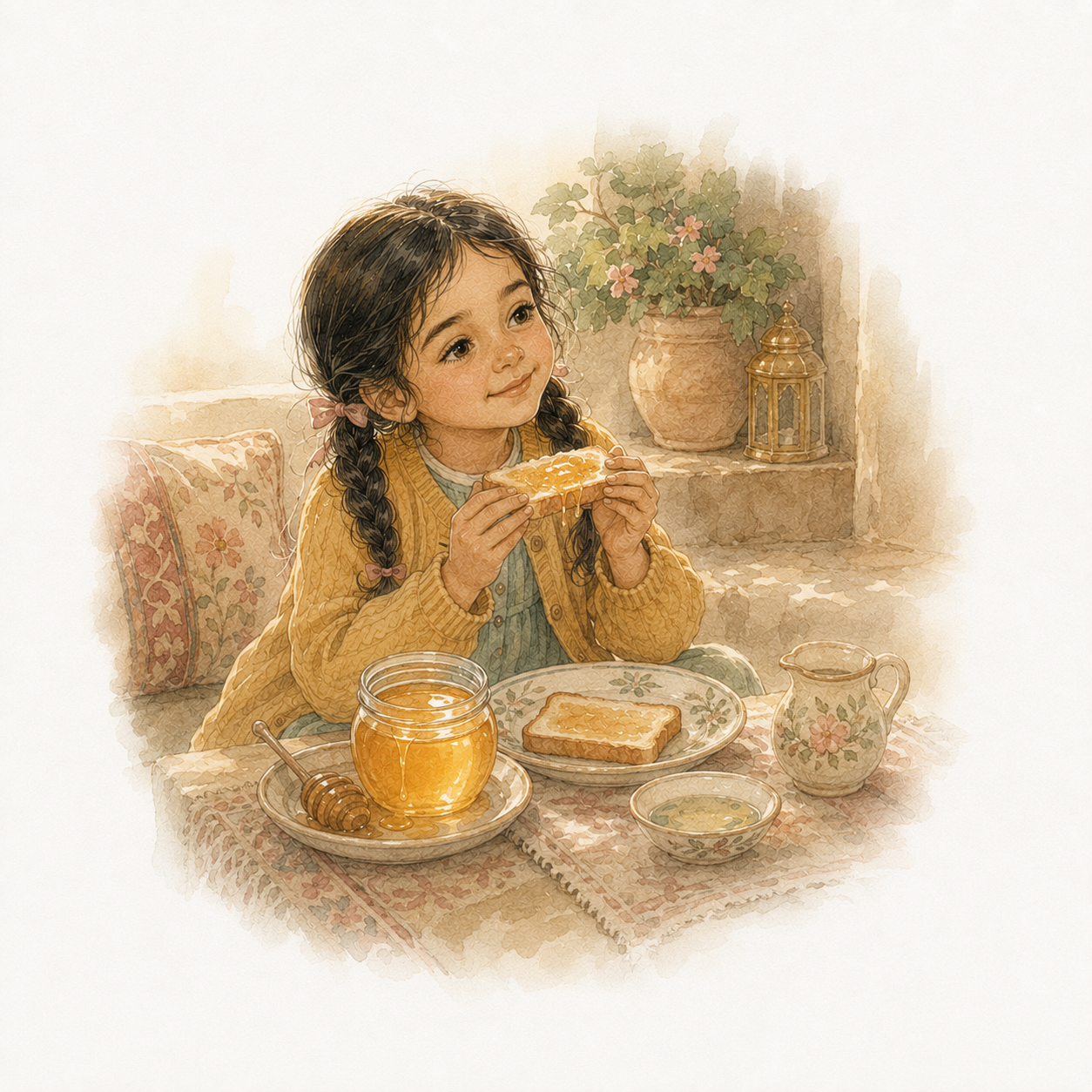 a young child eating honey toast at a table with a jar of honey