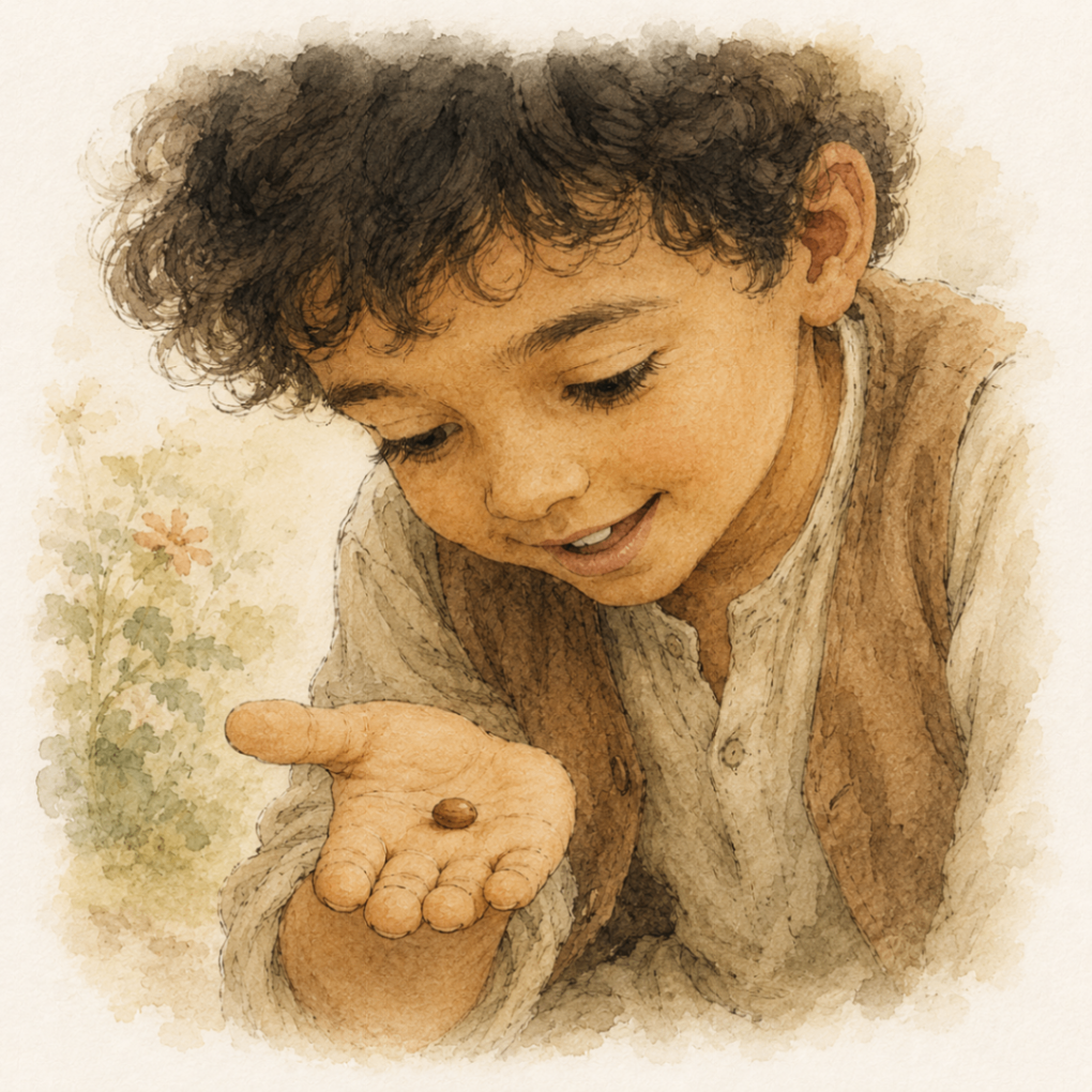 the boy looking down at a small brown seed resting in his palm
