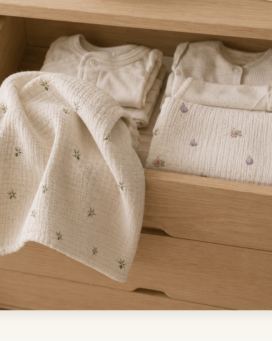 A wooden drawer and shelf holding folded baby clothing and textiles in a soft neutral palette, with a visible Rutab Essentials box and a fabric bag. The products appear to be baby garments and muslin textiles in cream, beige, and light pastel tones.