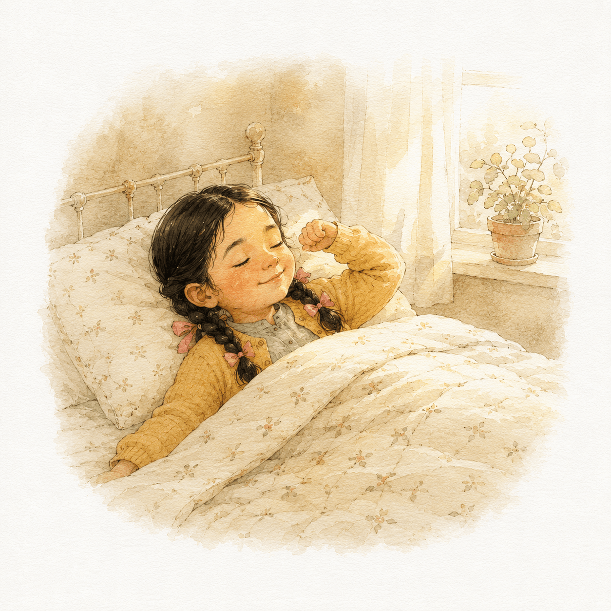 Watercolour illustration from Every Good Thing: Amira waking beneath a soft quilt as the morning sunlight reaches her face through the window.