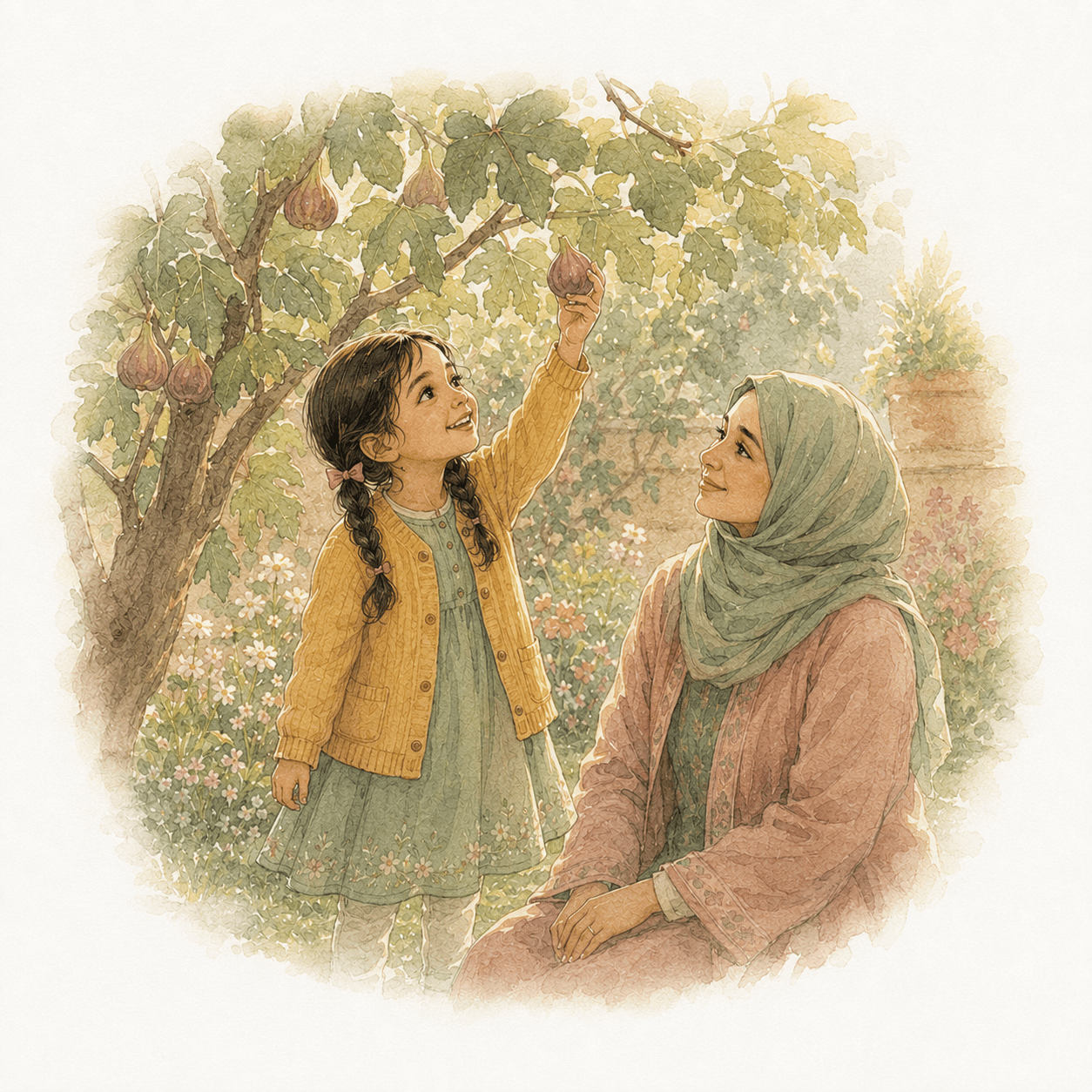 Watercolour illustration from Every Good Thing: Amira picking a fig from the laden tree while Mama kneels beside her, watching.