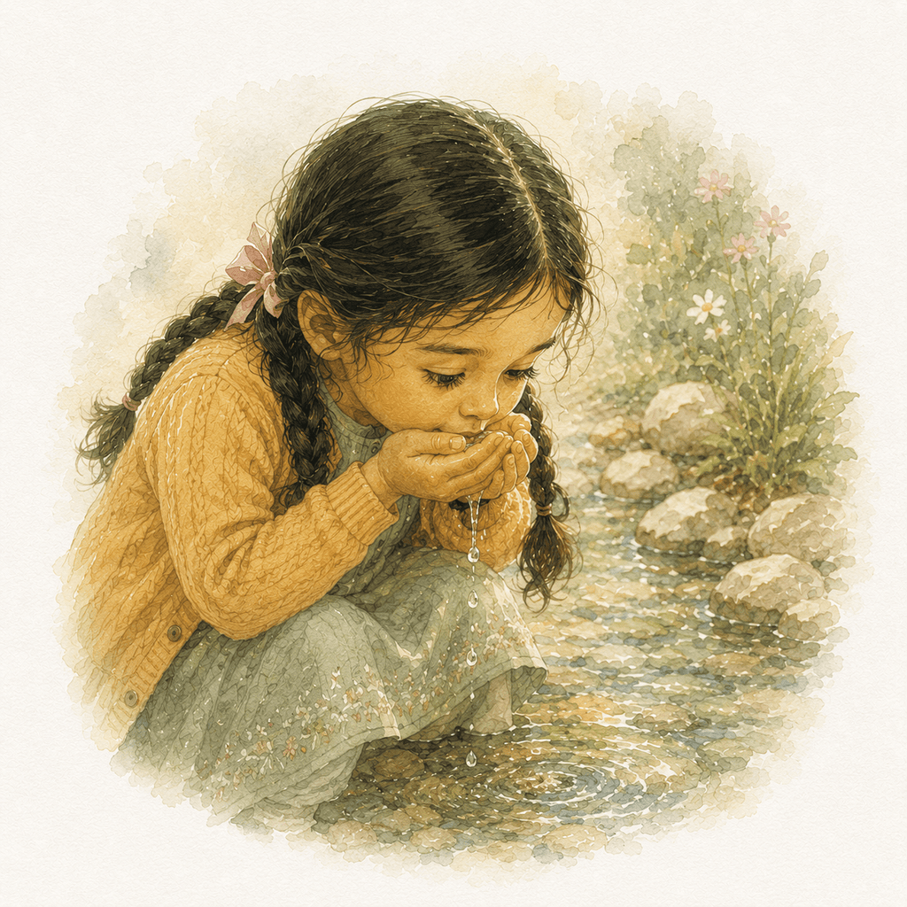Watercolour illustration from Every Good Thing: Amira cupping a flower in both hands and breathing in its scent, kneeling beside a flowering bush.