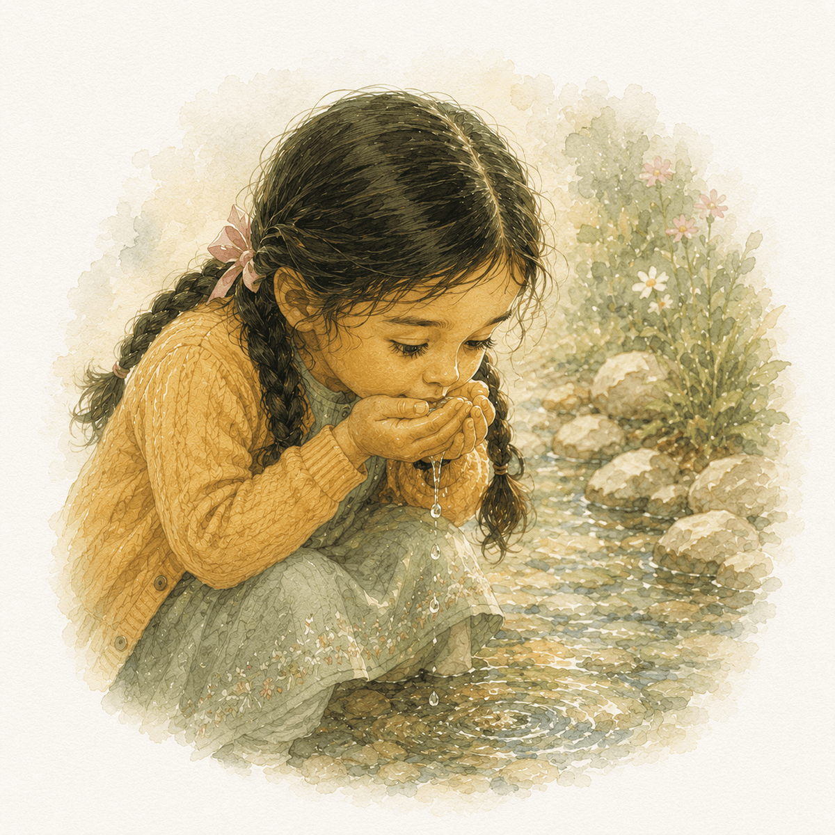 Watercolour illustration from Every Good Thing: Amira cupping a flower in both hands and breathing in its scent, kneeling beside a flowering bush.