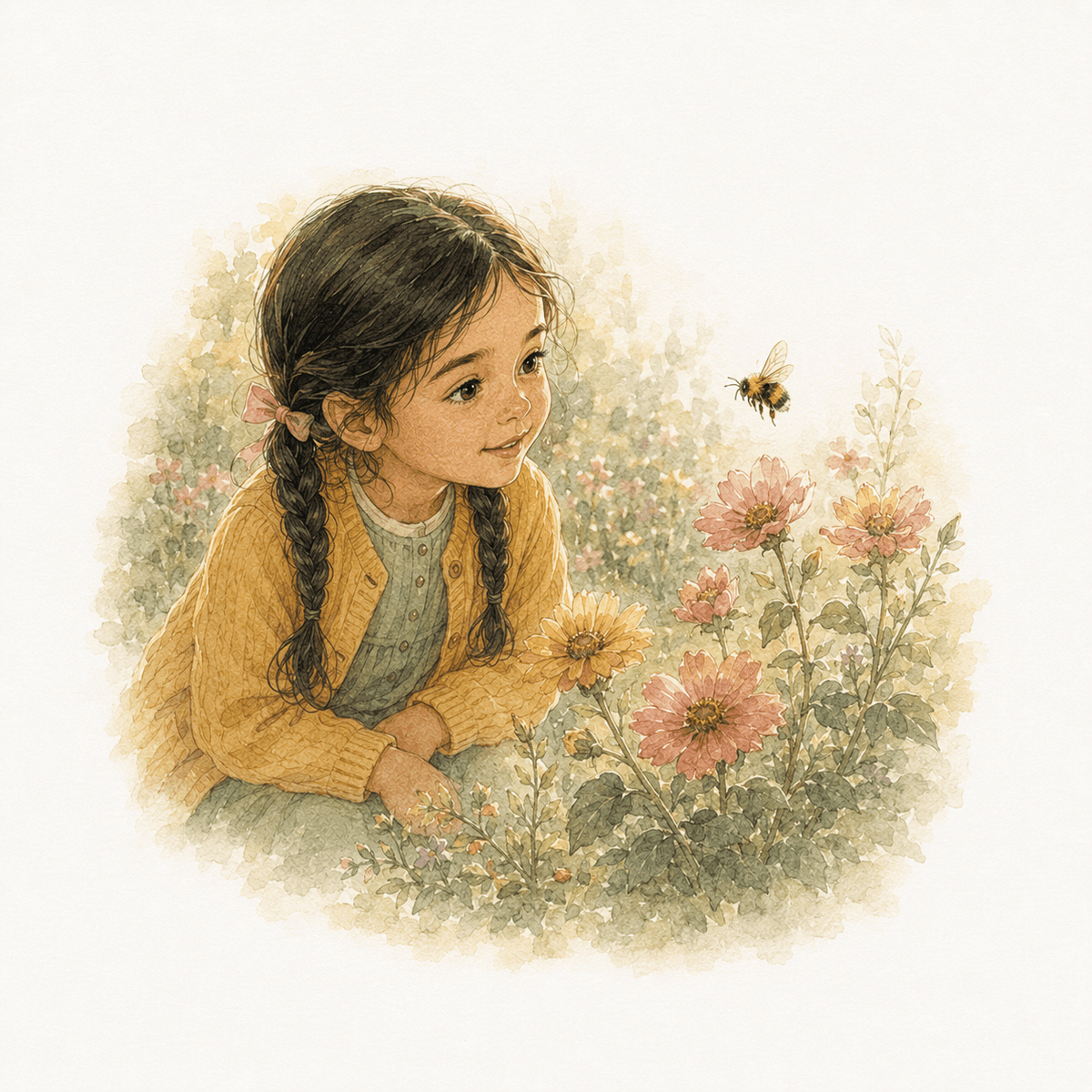 Watercolour illustration from Every Good Thing: Amira kneeling among tall pink flowers, watching a honeybee hover just above the blooms.
