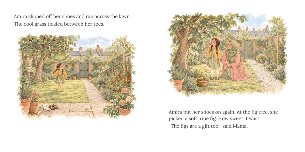 Open spread, pages 6 and 7 of Every Good Thing. Amira runs barefoot across the garden lawn, then picks a ripe fig with Mama under the fig tree. "The figs are a gift too," said Mama.
