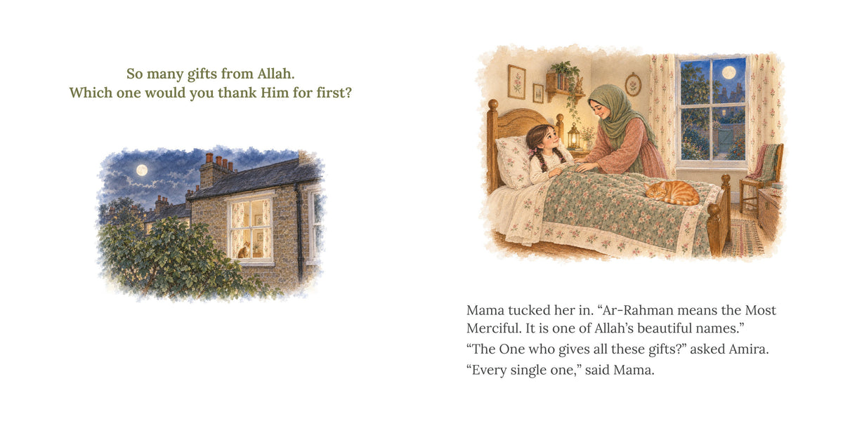 Open spread, pages 18 and 19 of Every Good Thing. The house at night with the refrain, then Mama tucking Amira in: "Ar-Rahman means the Most Merciful."