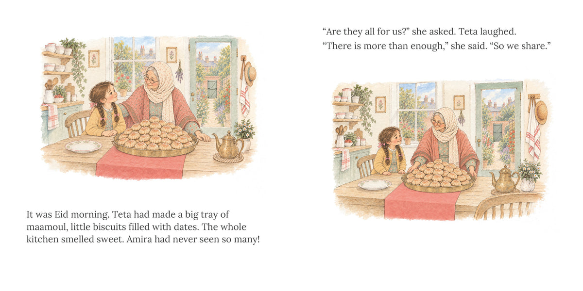 Open spread, pages 2 and 3 of More Than Enough. Amira and Teta at the kitchen table with a big tray of maamoul on Eid morning. "There is more than enough," she said. "So we share."
