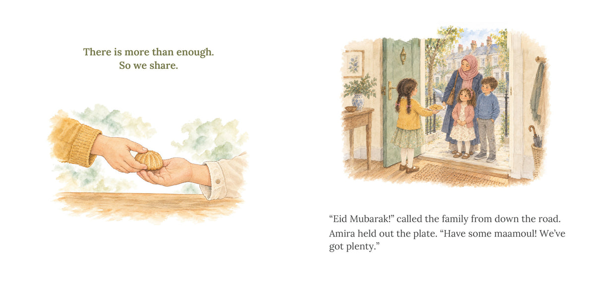 Open spread, pages 8 and 9 of More Than Enough. A hand passing a maamoul with the refrain, then Amira at the front door offering the plate to a neighbouring family.