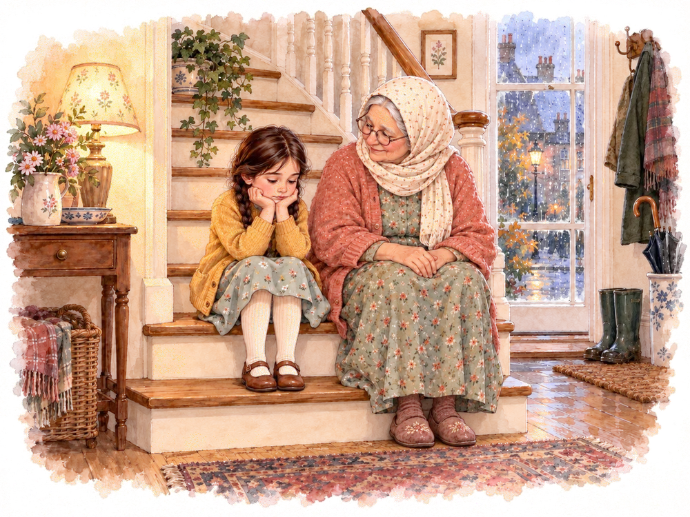 Amira sits on the stairs beside Teta, her chin in her hands