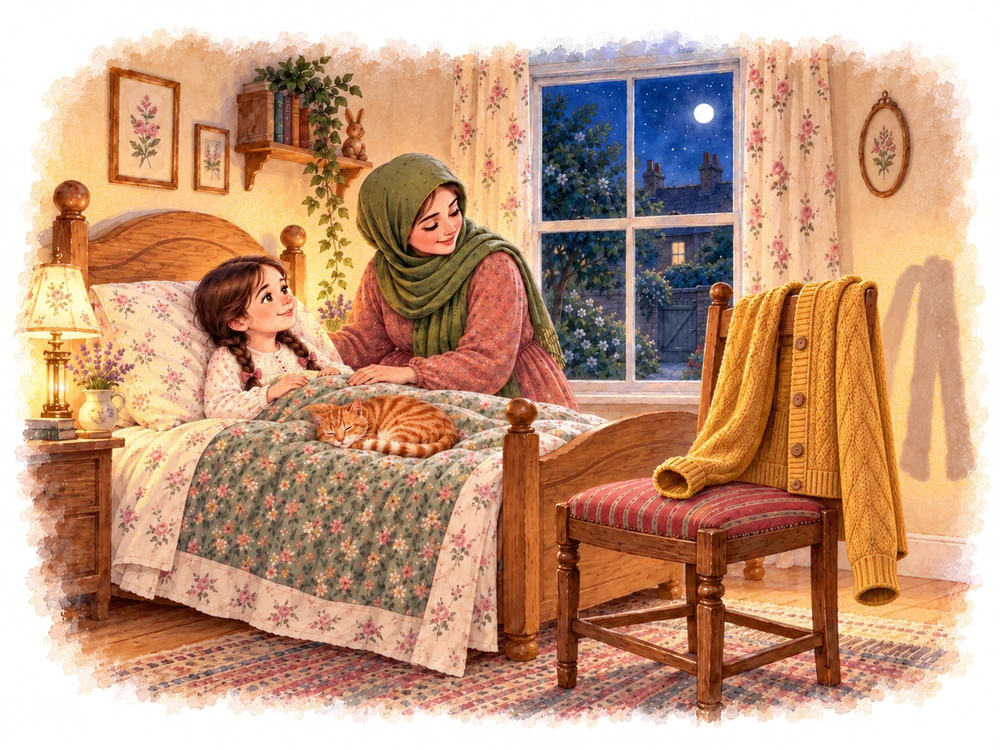 Mama sits on Amira's bed at night beside a chair with a mustard cardigan