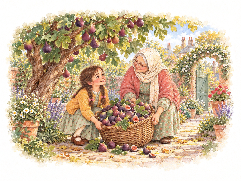 Amira and Teta kneel by an overflowing basket of figs under the fig tree
