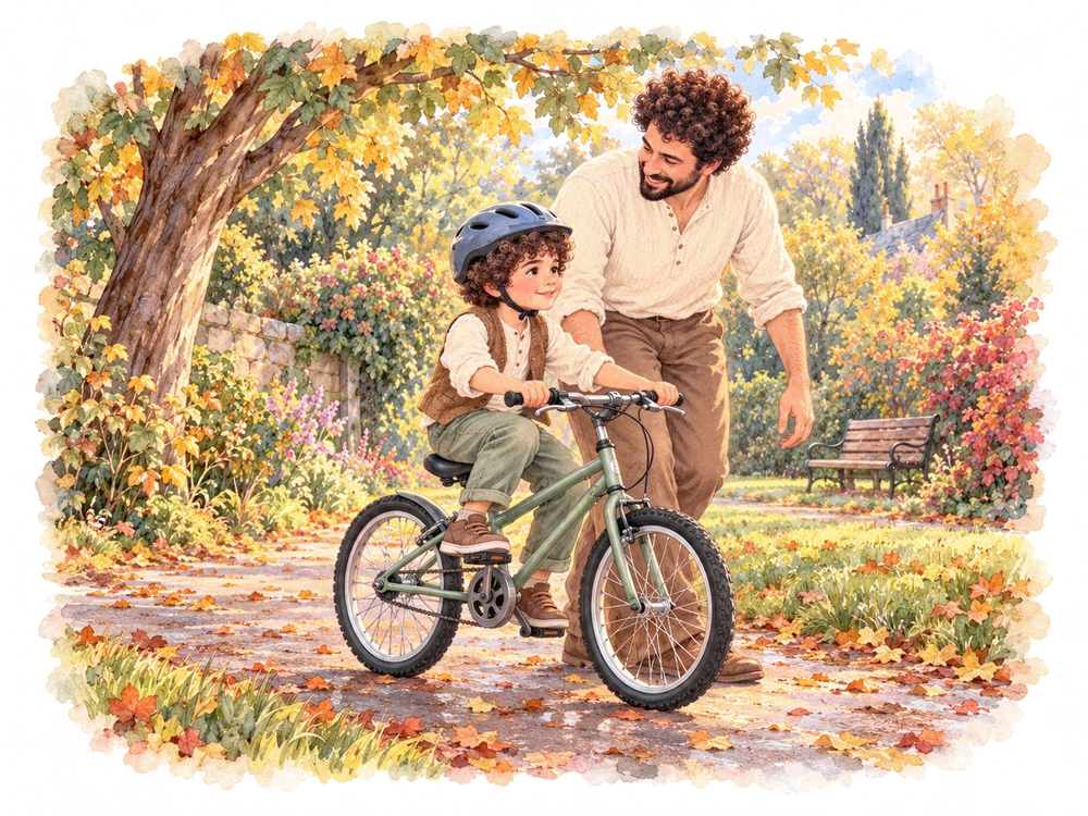 Baba steadies Yusuf on his bicycle along an autumn path