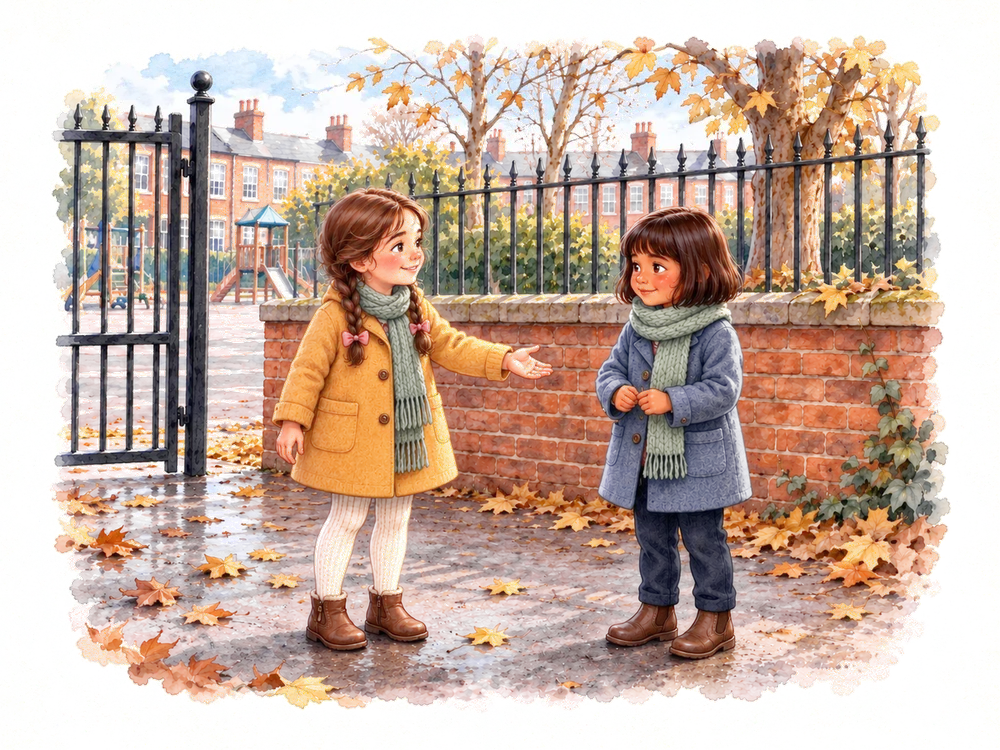 Amira holds out her hand to a new girl by the playground gate