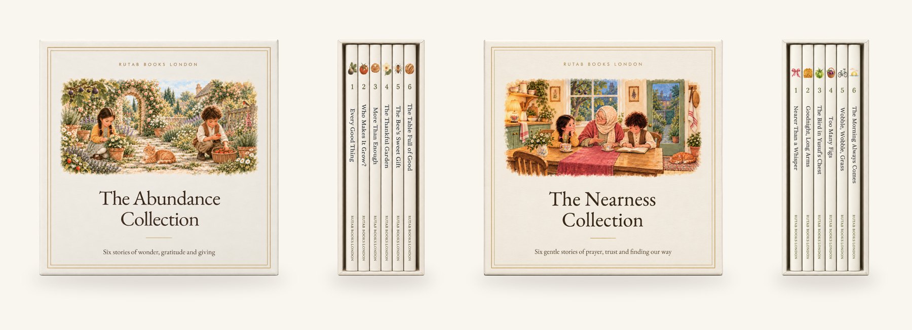 The Abundance Collection and The Nearness Collection slipcases, each beside its six numbered spines