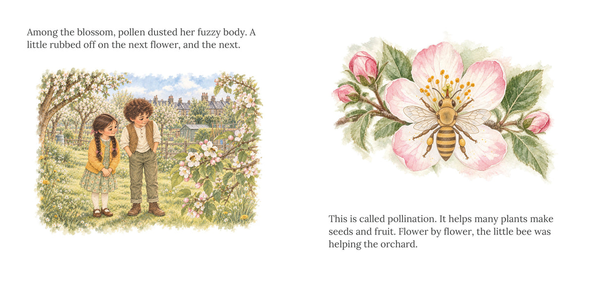 Open spread, pages 8 and 9 of The Bee's Sweet Gift. Amira and Yusuf in the blossoming orchard, then a large apple blossom with a honeybee. "This is called pollination."