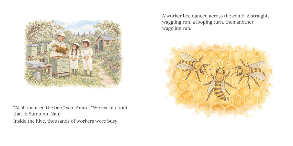 Open spread, pages 12 and 13 of The Bee's Sweet Gift. The children in bee suits with Mrs Jones at the hives, then worker bees dancing across golden honeycomb.