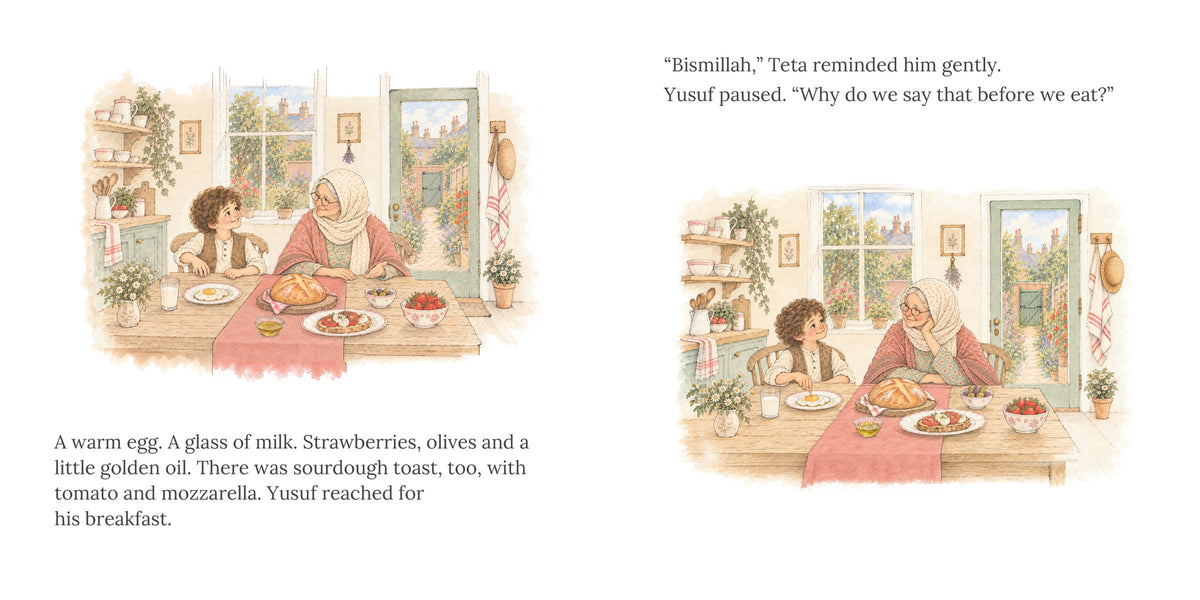 Open spread, pages 2 and 3 of The Table Full of Good. Yusuf and Teta at a breakfast table with egg, strawberries and toast. "Bismillah," Teta reminded him gently.