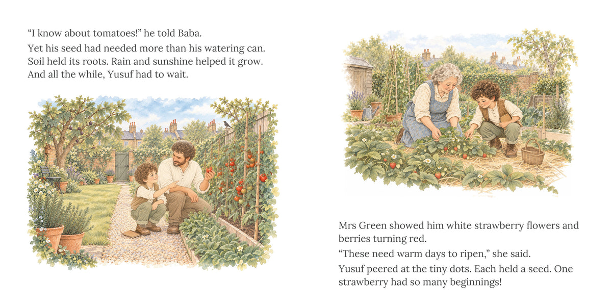 Open spread, pages 8 and 9 of The Table Full of Good. Yusuf and Baba among the tomato canes, then Mrs Green showing him strawberry flowers.
