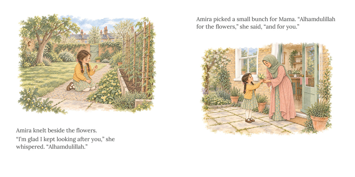 Open spread, pages 18 and 19 of The Thankful Garden. Amira kneels among blooming primroses, then gives a small bunch to Mama at the door. "Alhamdulillah for the flowers," she said, "and for you."