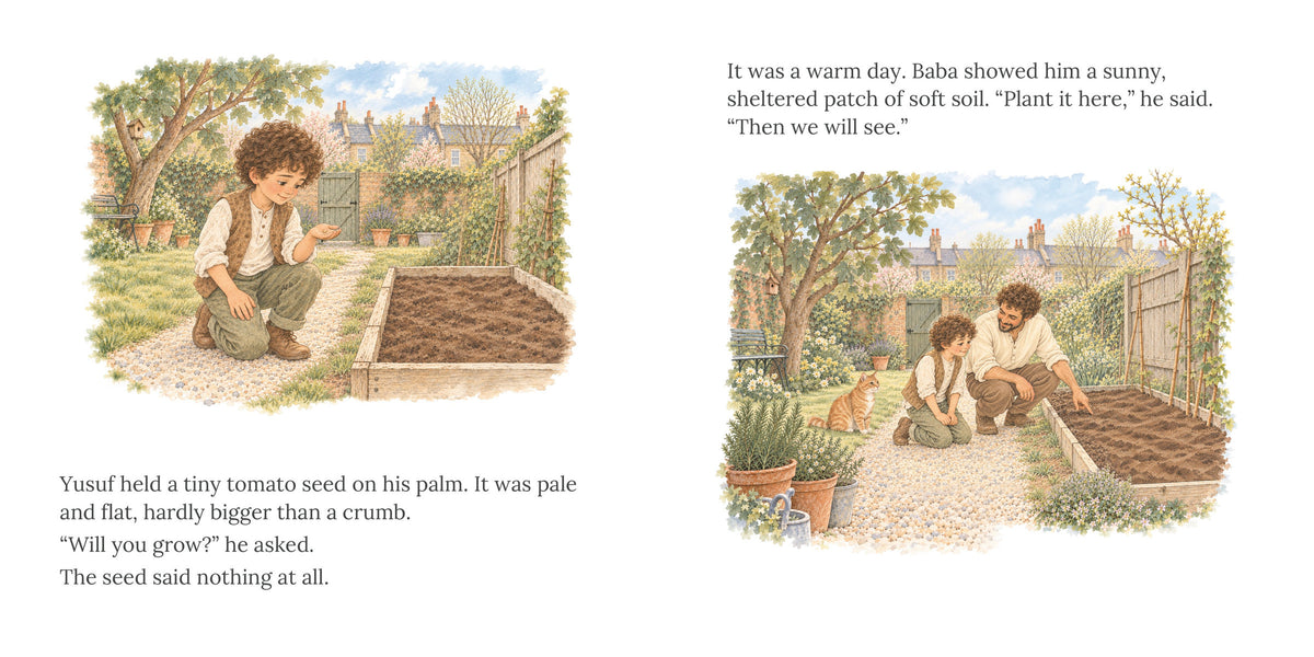 Open spread, pages 2 and 3 of Who Makes It Grow? Yusuf kneels by a raised bed holding a tomato seed, then plants it with Baba in the garden.