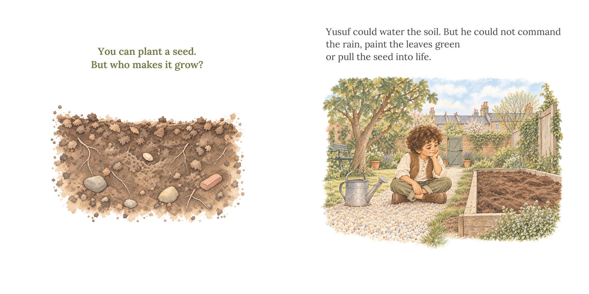 Open spread, pages 8 and 9 of Who Makes It Grow? A cross-section of soil with the refrain "You can plant a seed. But who makes it grow?" beside Yusuf sitting by the raised bed with a watering can.
