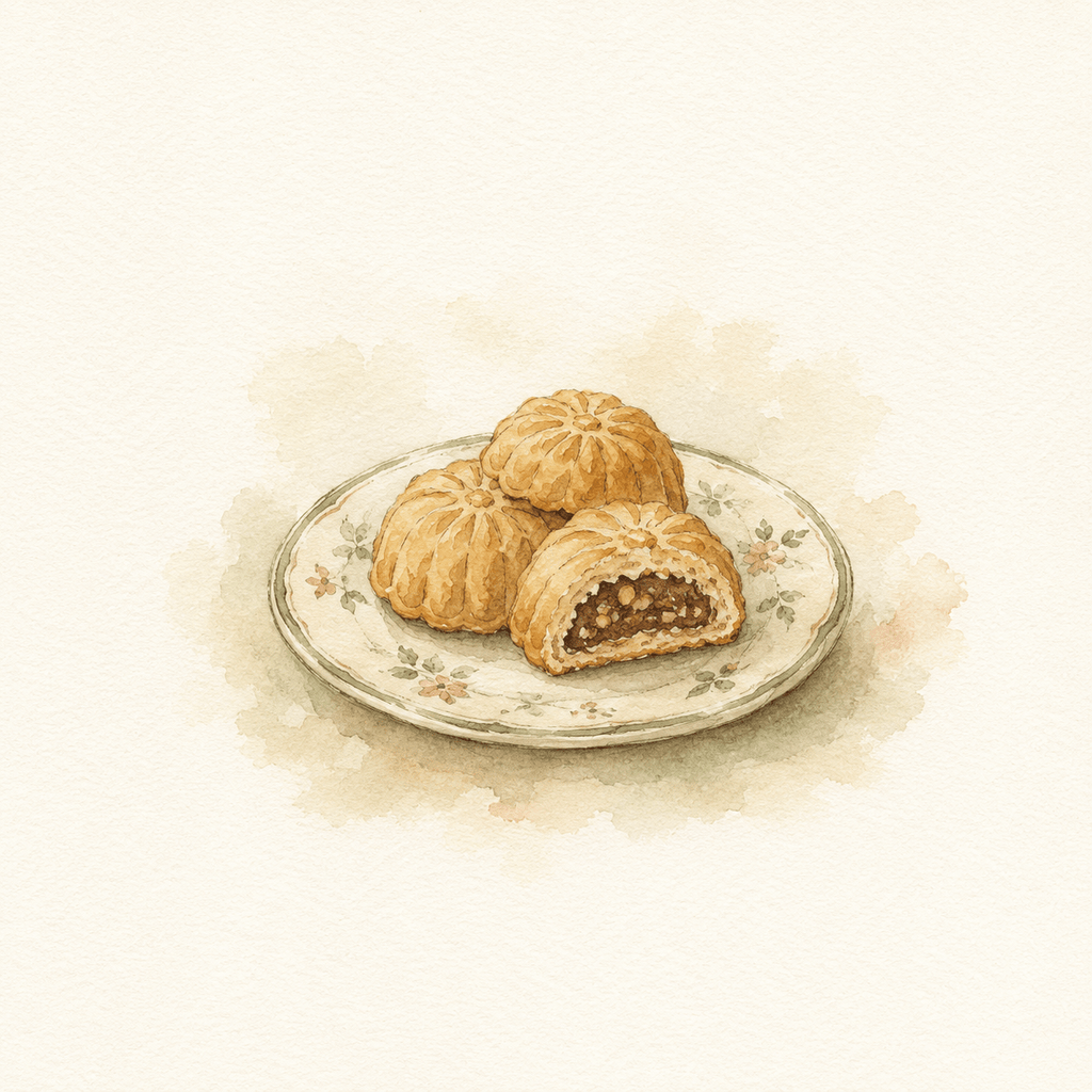 Watercolour illustration of date-filled pastries on a delicate patterned plate, one broken open to show the filling.