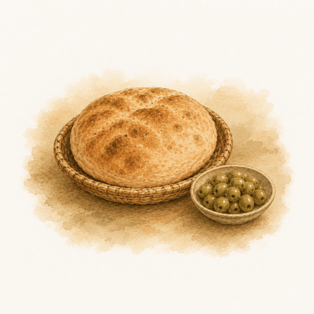 Watercolour illustration of a round golden loaf of bread resting in a woven basket beside a small bowl of green olives.