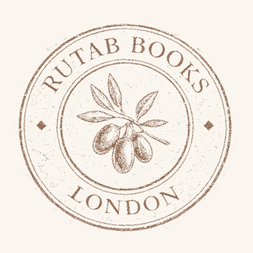 The Rutab Books London publisher's roundel: an olive branch drawn inside a circular border reading Rutab Books London.