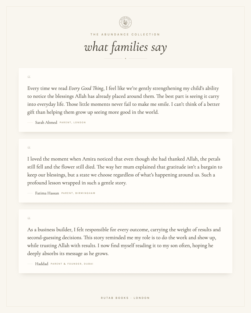 A page of comments from families who have read The Abundance Collection, describing how the stories opened conversations about gratitude and noticing blessings.