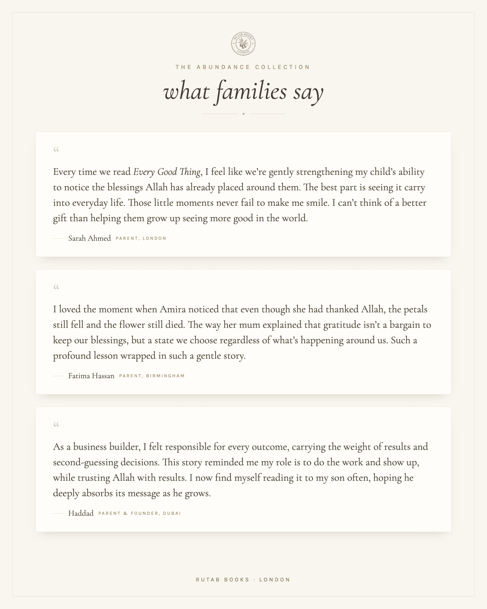 A page of comments from families who have read The Abundance Collection, describing how the stories opened conversations about gratitude and noticing blessings.
