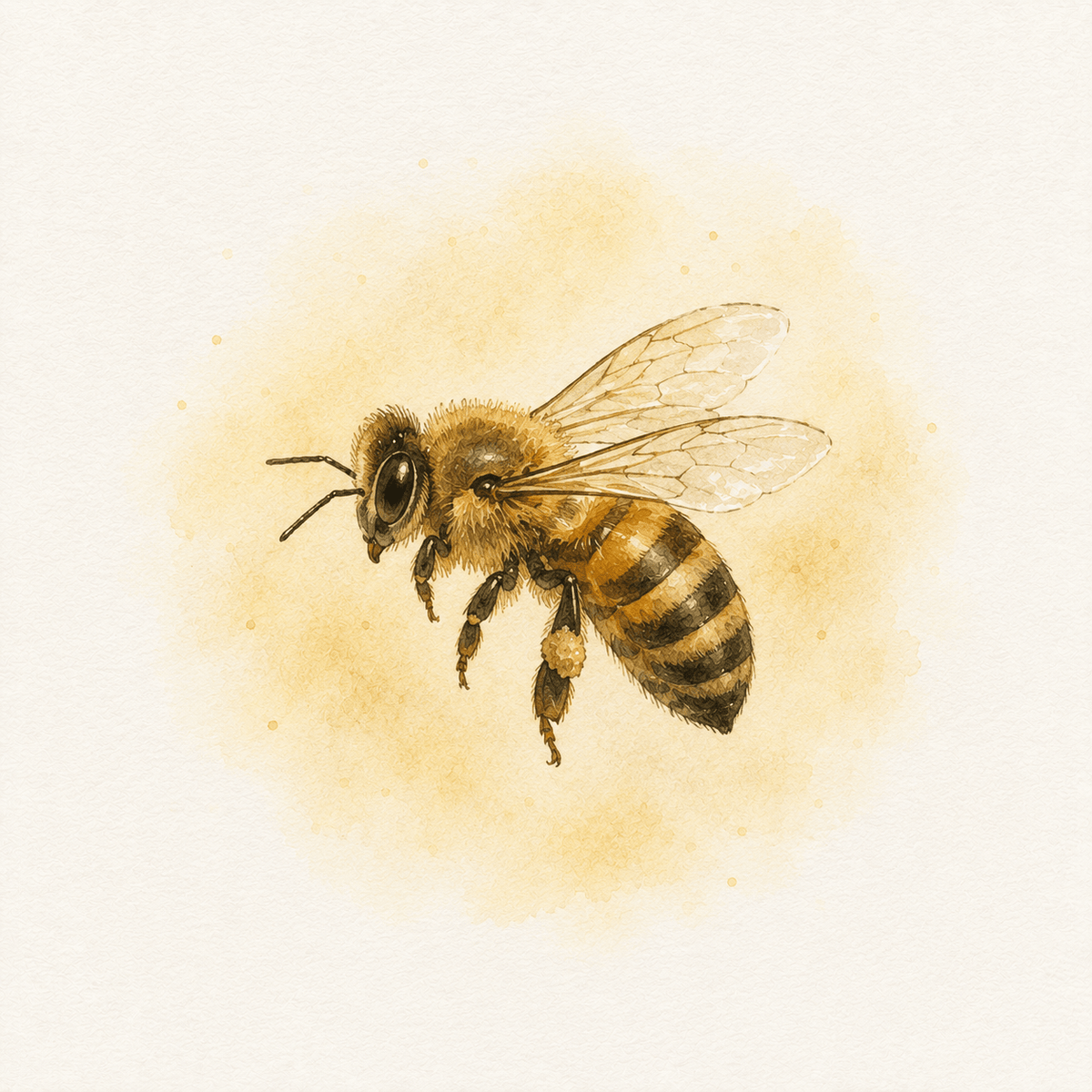 Watercolour illustration of a single honeybee in flight, wings outstretched, painted in soft gold and amber.
