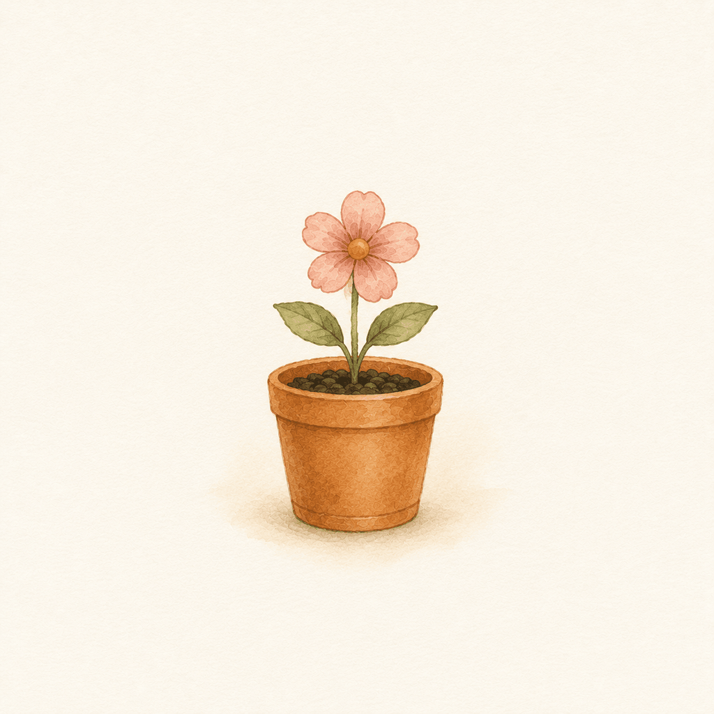 Watercolour illustration of one pink flower growing in a terracotta plant pot.