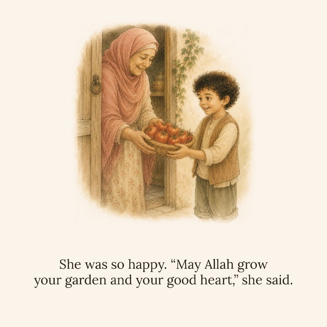 Story page from The Abundance Collection: a woman in a headscarf stands in a doorway handing a bowl of round breads to a young boy, with the story text set beneath the watercolour illustration.