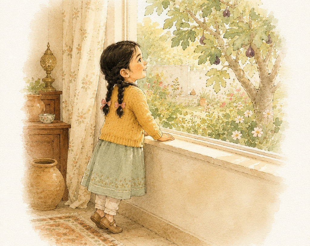 Watercolour illustration from The Abundance Collection: a girl standing at an arched stone window, looking out into a sunlit green courtyard beside a clay water jar.