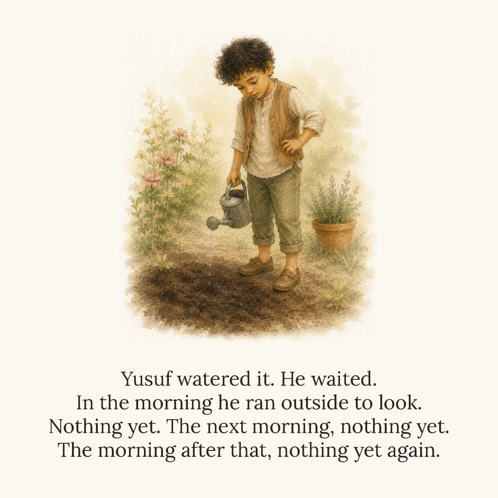 Story page from Who Makes It Grow?: Yusuf stands alone on bare earth with his watering can, waiting for the seed to appear, the story text set beneath the watercolour illustration.