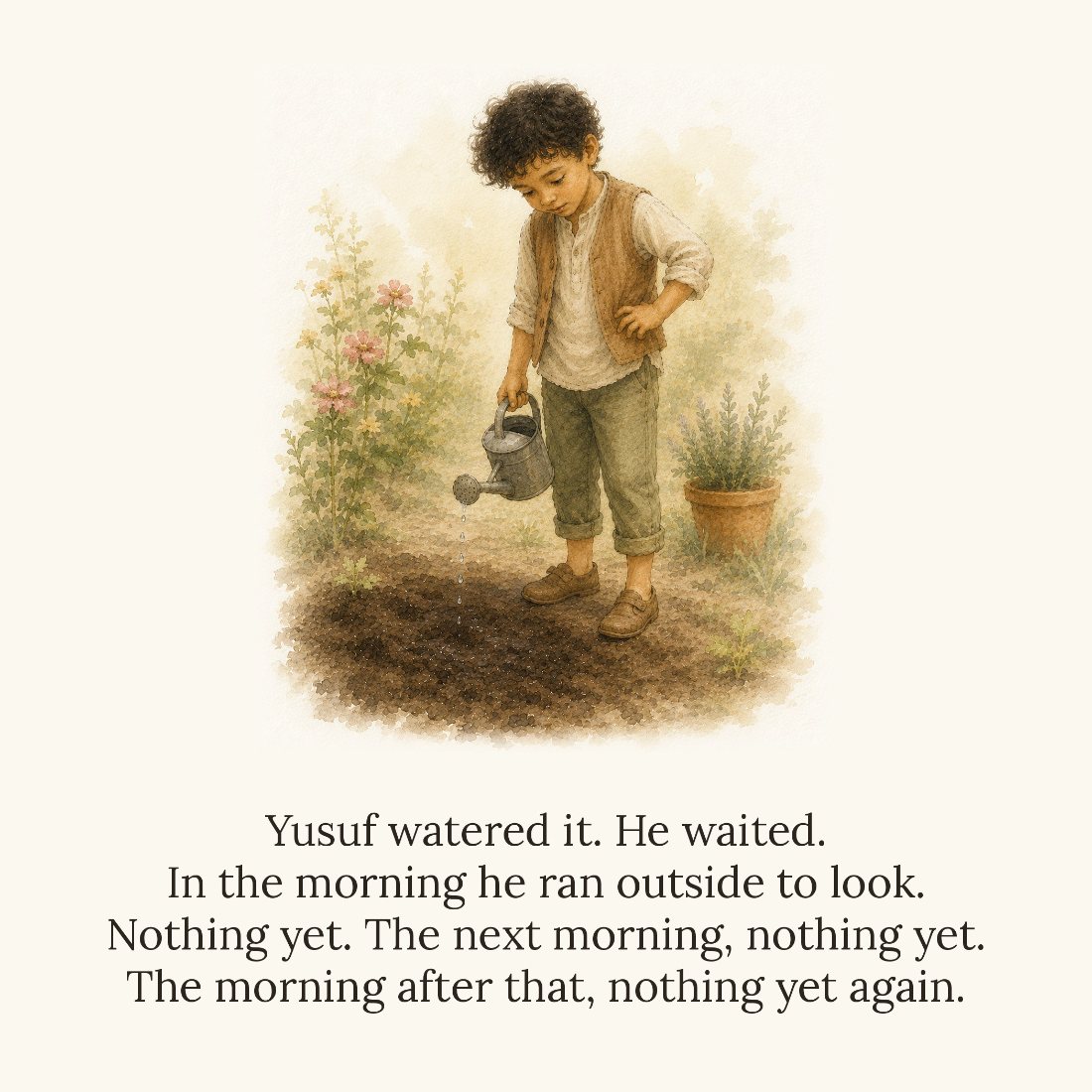 Story page from Who Makes It Grow?: Yusuf stands alone on bare earth with his watering can, waiting for the seed to appear, the story text set beneath the watercolour illustration.